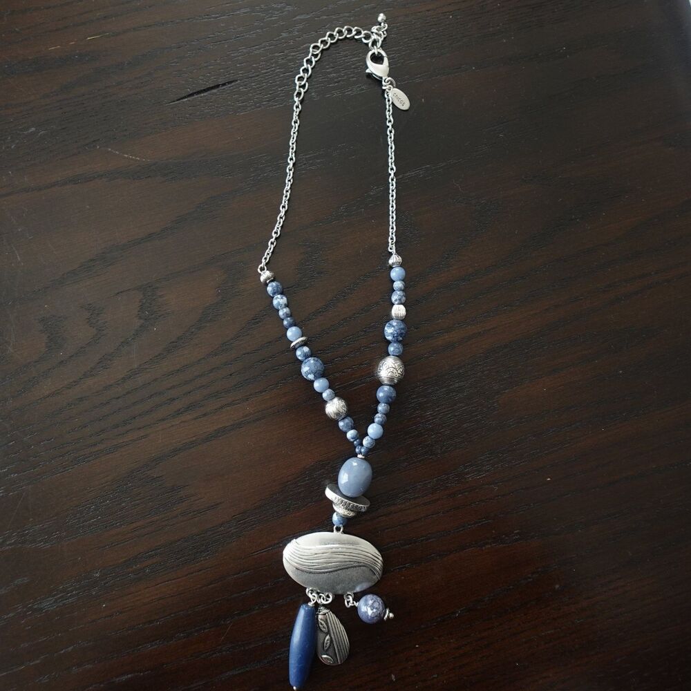 Chico's Beaded Statement Necklace Adjustable Blue Stone Silver Tone Artisan Boho